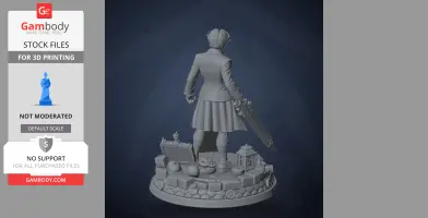 Back view of a detailed 3D character figure with a sword, standing on a textured base with objects.