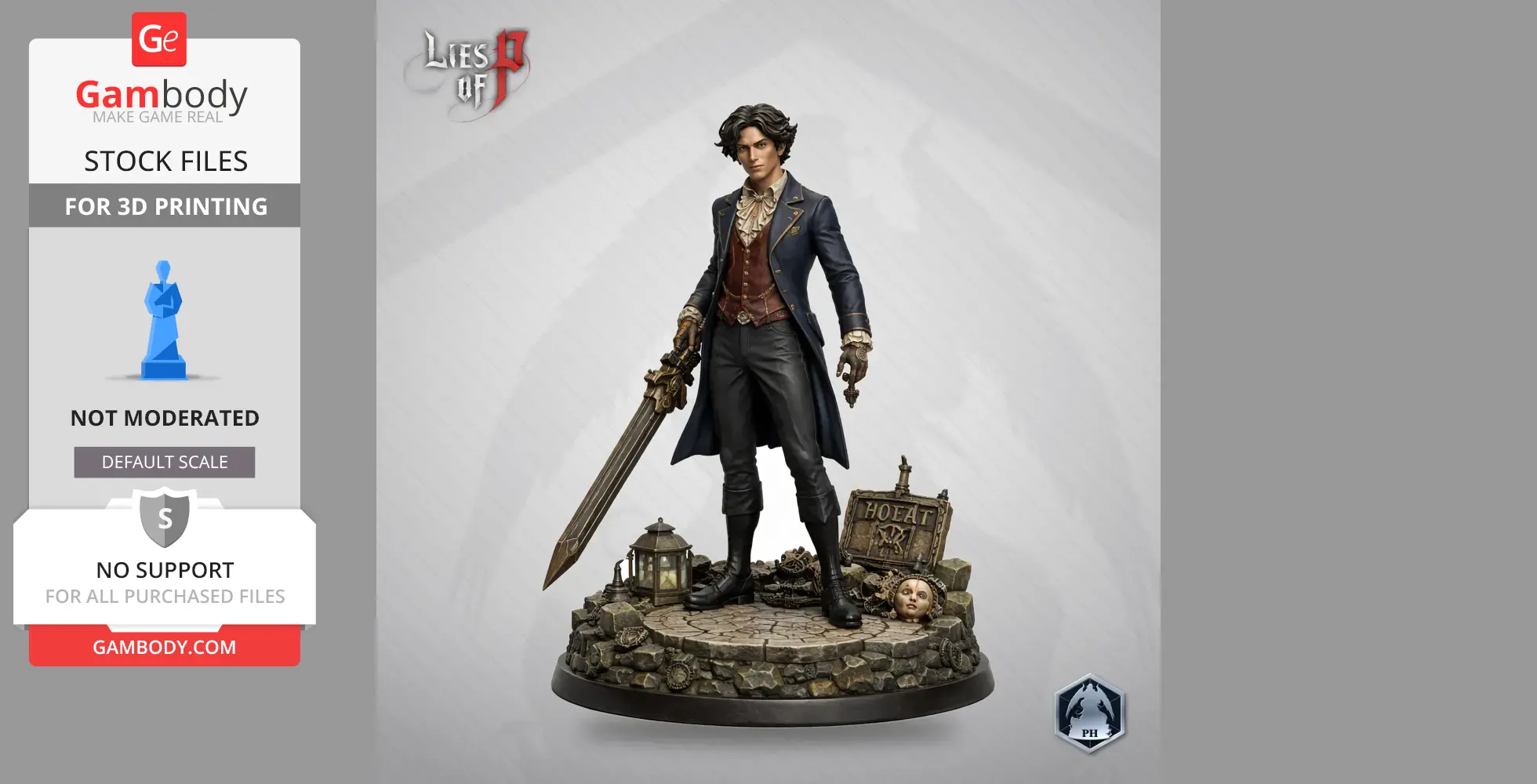 A detailed character figure in a Victorian outfit holding a sword, standing on a cobblestone base with accessories.