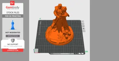 A detailed 3D model of a fantasy character holding a staff, standing on a themed base with decorative elements.
