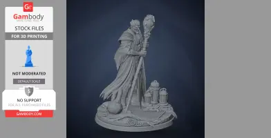 A detailed 3D model of a cloaked character holding a staff, with lanterns and ornate base design.
