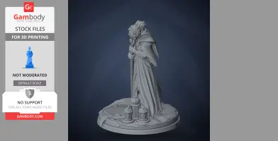 A detailed 3D model of a robed, armored figure holding a staff, standing on a round base with ornate patterns.