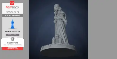 A cloaked character figure holding a staff, standing on a detailed round base with lanterns.