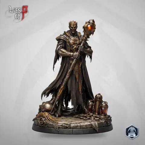 A detailed figure of a regal character holding a staff, standing on a decorated base with fantasy elements.