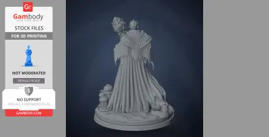 A detailed 3D model of a robed figure with a large staff, surrounded by lanterns and a basket on a textured base.