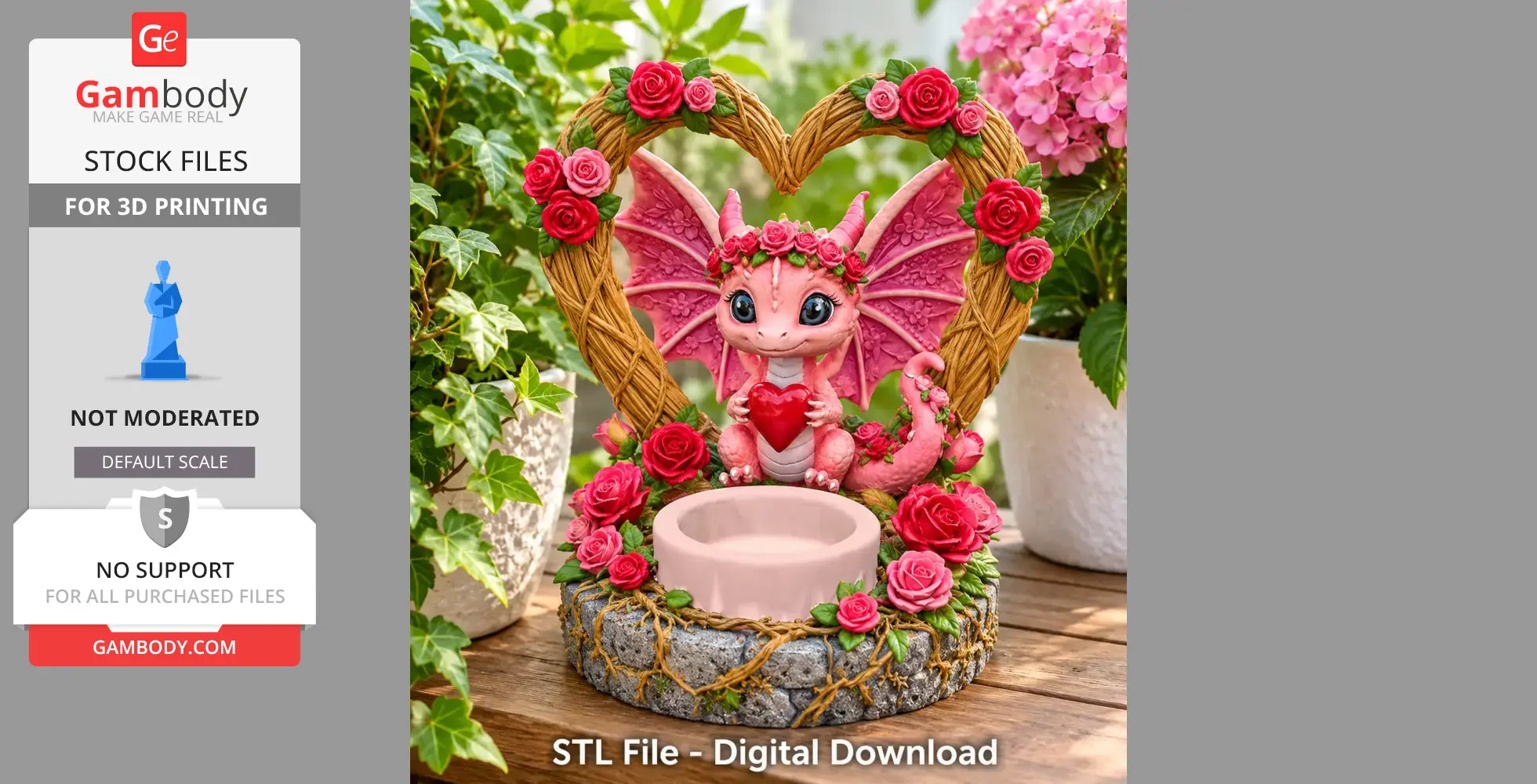 Pink dragon tealight holder with wings, roses, and heart-shaped accents, under a heart arch.