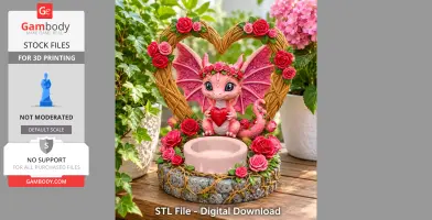 Pink dragon tealight holder with wings, roses, and heart-shaped accents, under a heart arch.