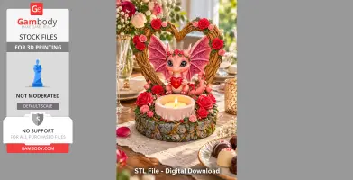 Pink dragon tealight holder with roses and heart-shaped wreath decor.