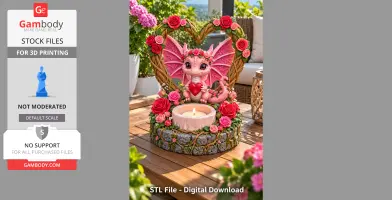 Pink dragon tealight holder with a heart-shaped floral wreath and intricate base design.