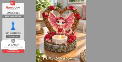 A cute pink dragon holding a heart, surrounded by roses, with a tealight holder at its base.