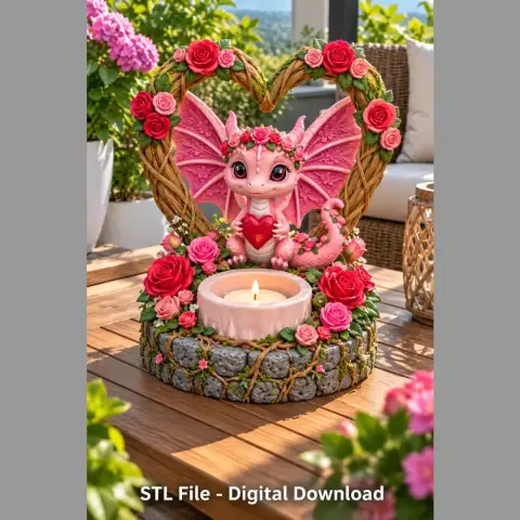 Cute pink dragon tealight holder surrounded by flowers, set on a decorative base with a heart shape.