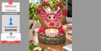 Pink dragon tealight holder with heart-shaped wreath and roses, featuring a lit candle.