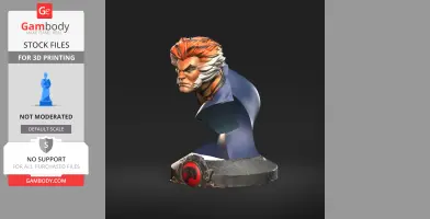 A stylized bust of a character with orange and white hair, wearing a blue outfit, on a rock base with a red emblem.