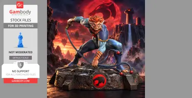 A crouching warrior with striped hair in a dynamic pose, holding a whip, against a rocky, fiery landscape.