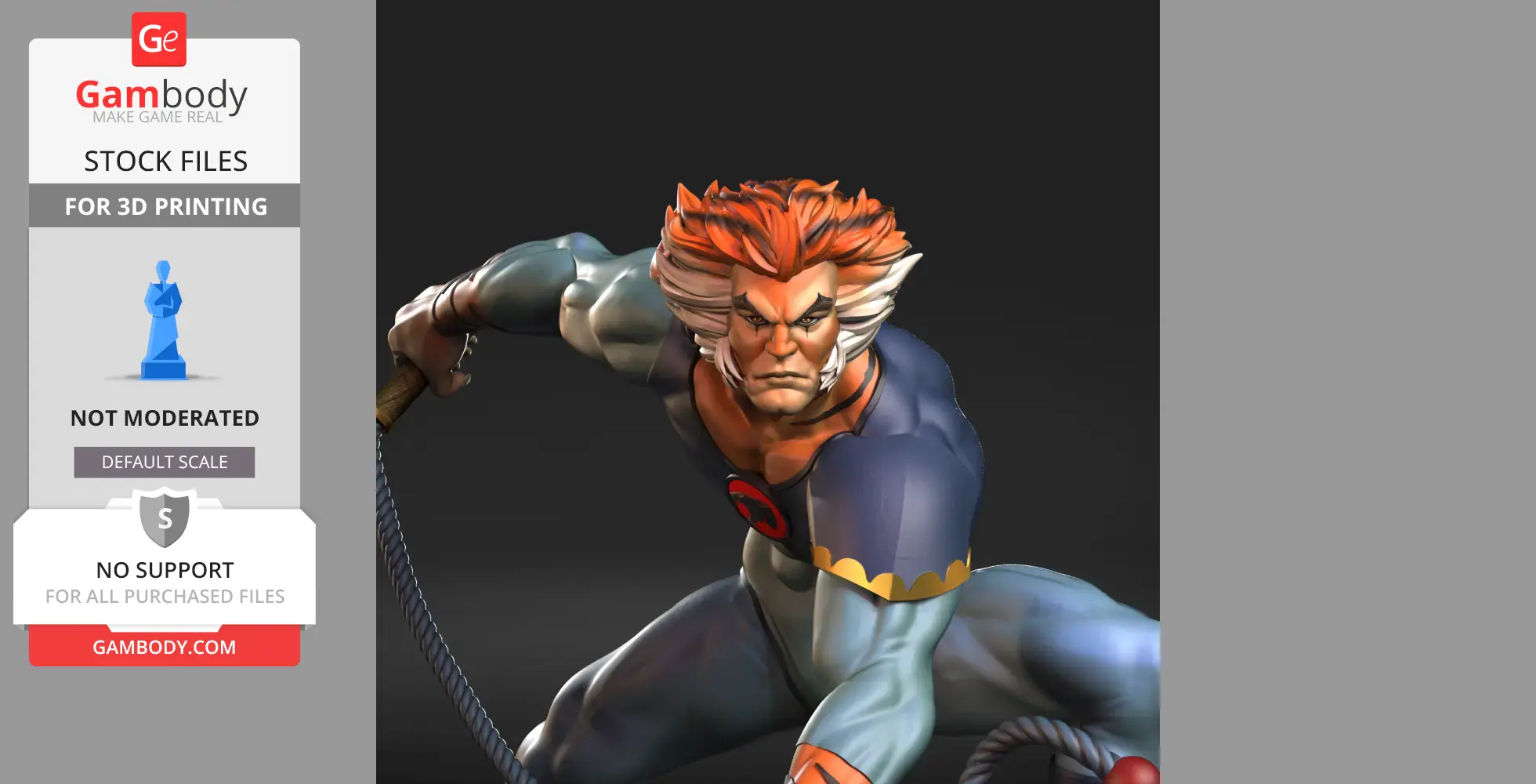 A dynamic 3D model of a muscular character with orange hair, poised with a weapon for action.