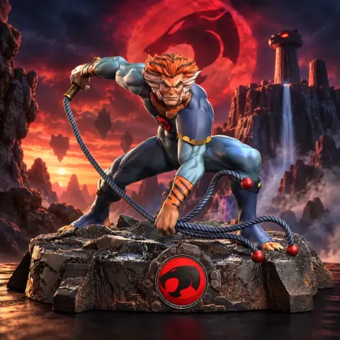 Heroic feline warrior with a whip crouches on a rocky base in a fantasy landscape with a vivid sky.
