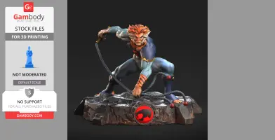 Feline humanoid warrior in action pose, holding a whip, on a rocky base with emblem.