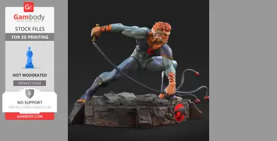 A dynamic 3D model of a warrior crouching with a whip, on a rocky base with a red emblem.