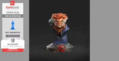 Bust of a fierce warrior with orange hair, in a blue outfit, on a round base with a red emblem.