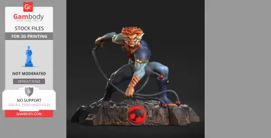A crouching feline warrior with a whip, wearing a blue suit and standing on a rock base with a red emblem.