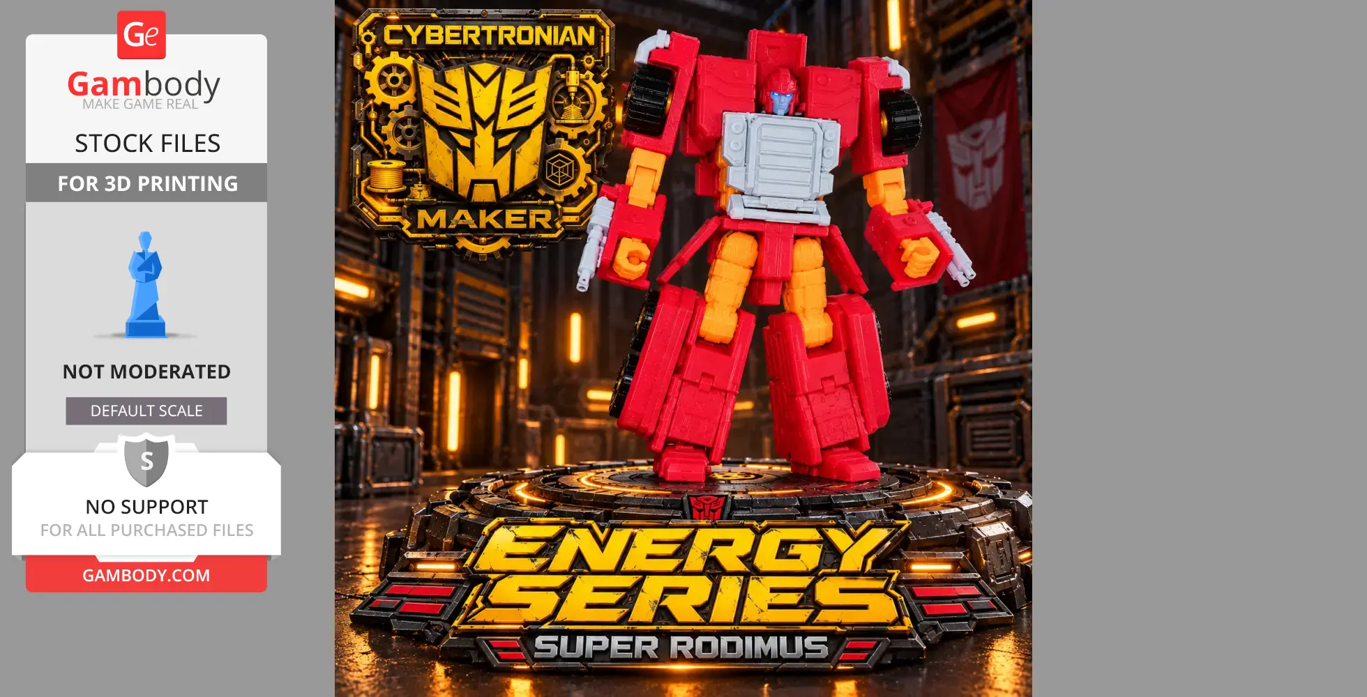 A red and yellow robot figure with a futuristic design, suited for 3D printing.