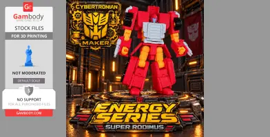 A red and yellow robot figure with a futuristic design, suited for 3D printing.