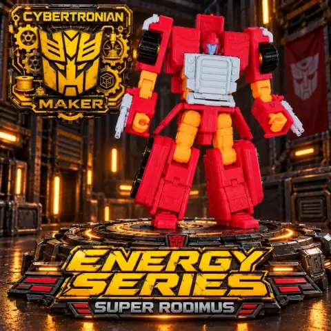 Red and yellow robot figure with angular design on a platform, set in a sci-fi industrial background.
