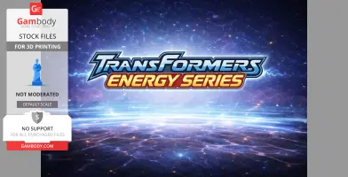 'Transformers Energy Series' logo on a cosmic background, promoting 3D printing files from Gambody.