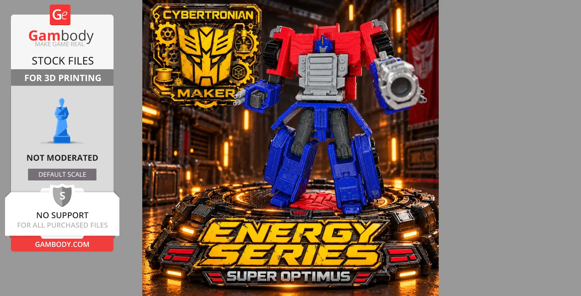 A detailed 3D model of a red and blue robot, posed dynamically on a tech-themed platform.