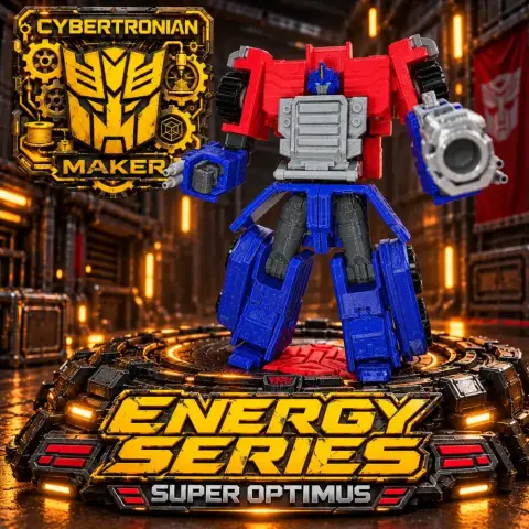 A 3D model of a red and blue robot, Super Optimus, standing on a detailed platform with glowing lights.