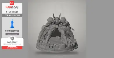 Armored mech with multiple legs on a textured base, designed for 3D printing.