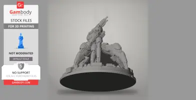 Futuristic robotic figure with multiple legs, posed dynamically on a circular base.