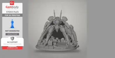Futuristic spider-like mech with armor, standing on a detailed base, designed for 3D printing.