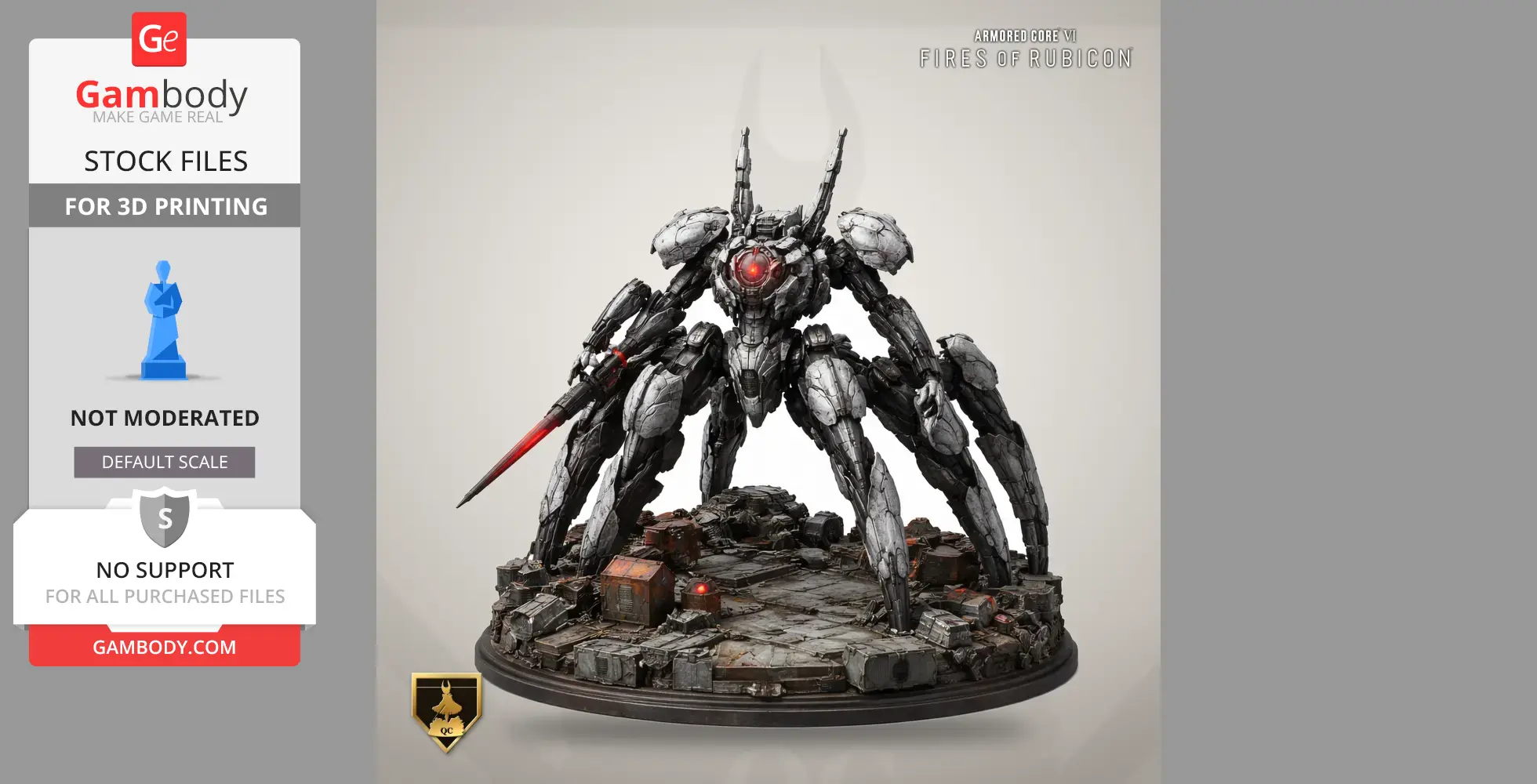 A robotic spider-like mech with a red glowing eye, standing on a detailed base with industrial debris.
