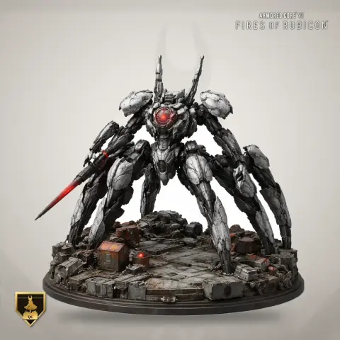 Armored robotic creature with multiple legs and a red glowing core, standing on a detailed rocky base.