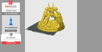 Yellow, spider-like mecha with armor stands on a round base, designed for 3D printing.