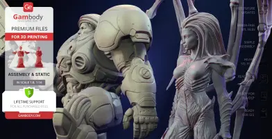 A detailed 3D diorama of armored characters facing each other, with intricate textures and features.