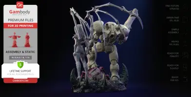 A detailed diorama featuring two armored and menacing characters on a decorative base.