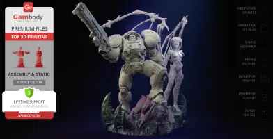 A detailed 3D diorama of armored warrior and alien figure, standing on a rocky, creature-laden base.