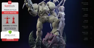 Armored soldier and alien queen stand on a ferocious creature in an epic diorama scene for 3D printing.