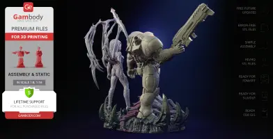 A detailed 3D diorama of two armored characters in a dynamic pose, set on a textured base.