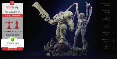 A detailed diorama of two armored figures, one with wings, standing on an alien creature base.