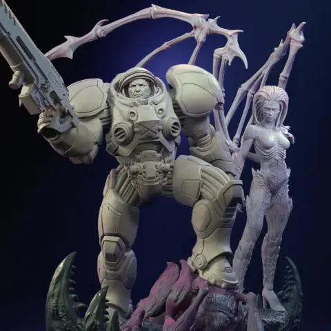 Armored warrior with gun and alien figure with wings stand on organic base.