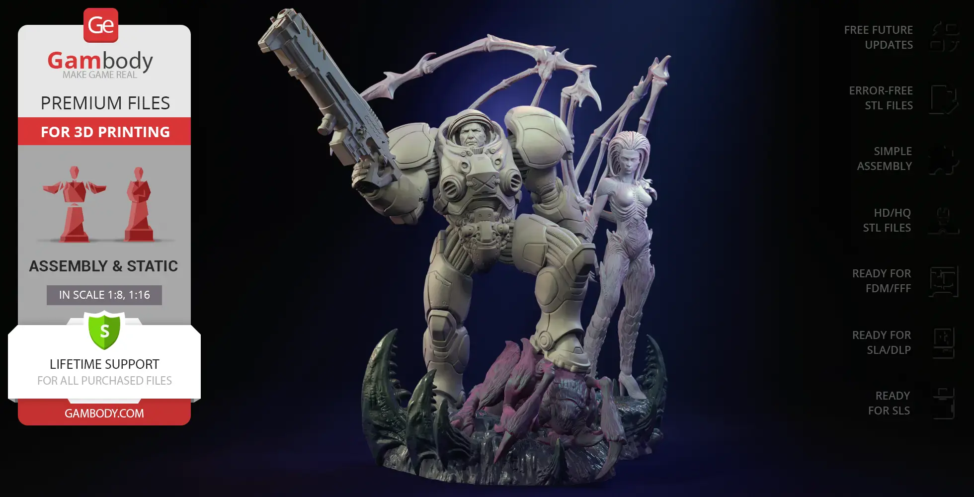 A detailed 3D diorama of armored warrior and alien figure, standing on a rocky, creature-laden base.