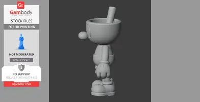 A side view of a 3D print model depicting a cartoonish character with a cup for a head and a straw.