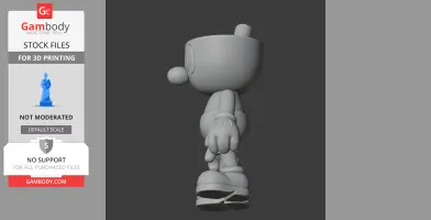 3D model of a cartoon character with a cup head, standing sideways, designed for 3D printing.