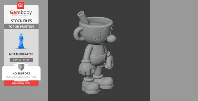 3D model of Mugman from Cuphead, in a pose with arms down, ideal for 3D printing.