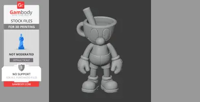 A 3D model of Mugman from Cuphead, featuring a cup-shaped head with a straw, wearing gloves and boots.