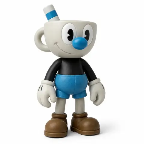 3D model of a cartoon-like character with a cup head, blue nose, and straw, wearing blue shorts and brown shoes.