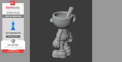Gray 3D model of Mugman from Cuphead, shown from the back with a straw in his head.