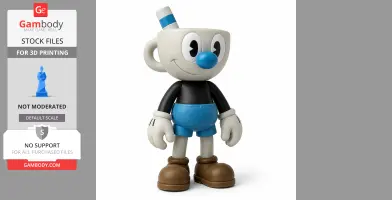 Cartoon character with a cup-shaped head, blue shorts, and brown shoes, designed for 3D printing.